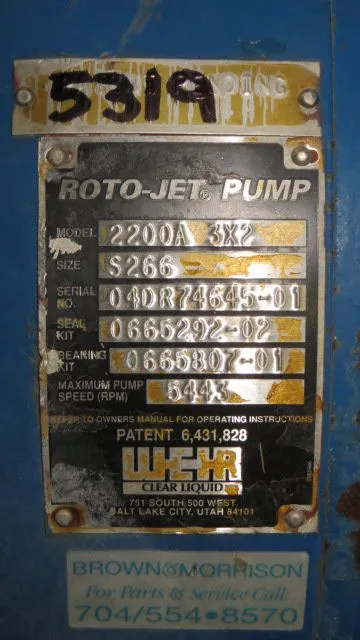 Roto-jet High Pressure Pitot Tube Pump model 2200A 3×2 Size