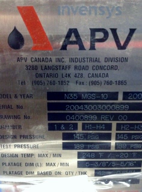 Invensys APV Heat Exchanger Model N35 MGS-10
