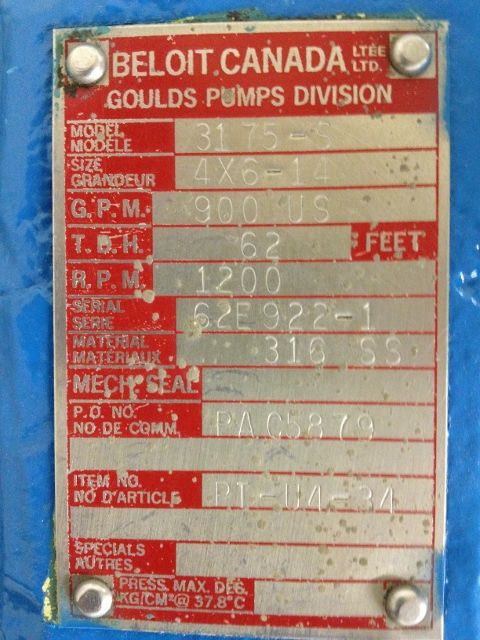Goulds Pump Model 3175 size 4×6-14