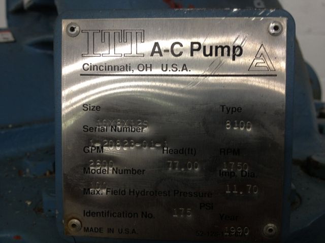 Allis Chalmers pump Model 100 size 10x8x12S  type 8100