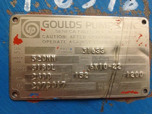 Goulds pump model 3180L size 6×10-22