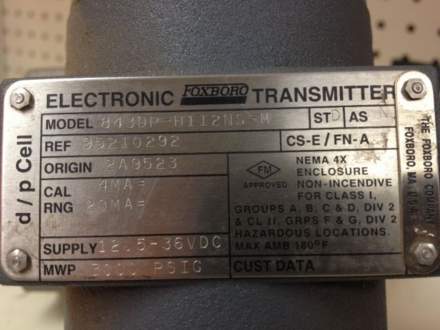 Foxboro Electronic Transmitter Model 843DP-H1I2NS-M