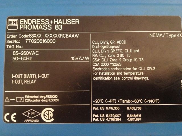 Endress + Hauser Promass 83 Flow Meter Control