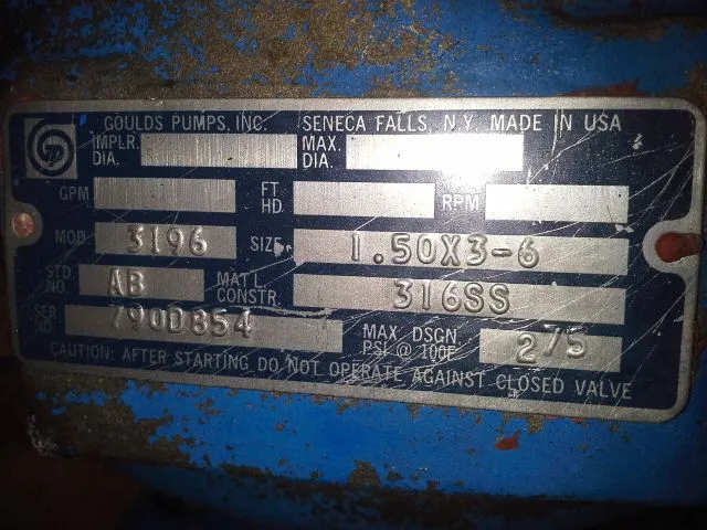 Goulds pump model 3196 size 1.5×3-6