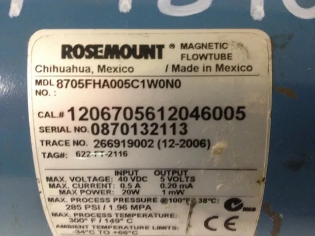 ROSEMOUNT 8705FHA005C1W0N0, CAL. 1206705612046005, 1/2″-150 FLOWTUBE