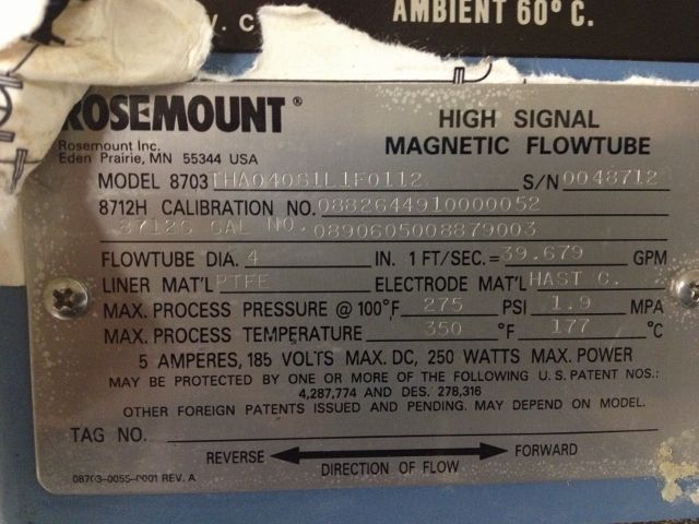 ROSEMOUNT HIGH SIGNAL MAGNETIC FLOWTUBE MODEL 8703 THA040S1L1F0112, SIZE 4″