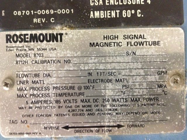 ROSEMOUNT HIGH SIGNAL MAGNETIC FLOWTUBE MODEL 8703  TSA040C1L1, SIZE 4″
