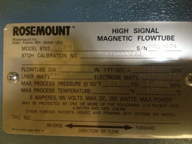 ROSEMOUNT HIGH SIGNAL MAGNETIC FLOWTUBE MODEL 8703  THA060S1, SIZE 6″