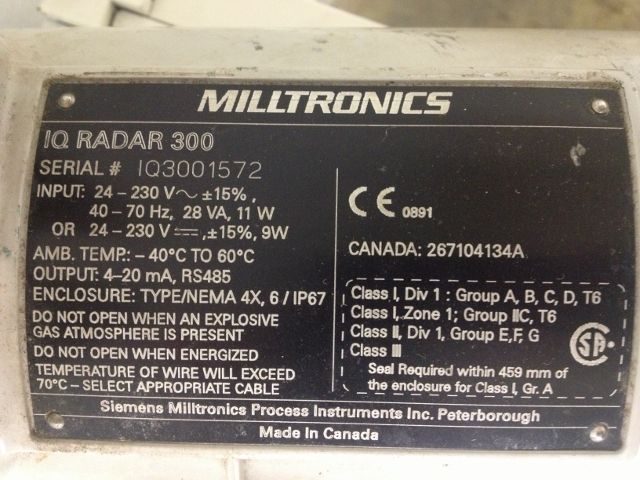 MILLTRONICS IQ RADAR 300,INPUT 24-230V,  OUTPUT 4-20mA, 2″, 5.4BAR, 200 C