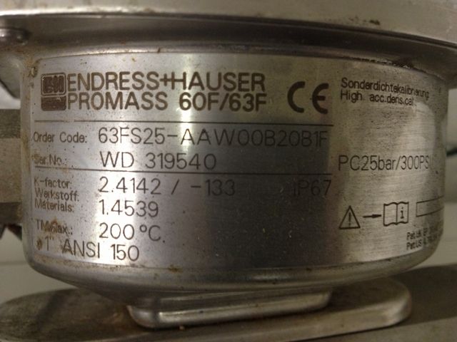 ENDRESS+HAUSER PROMASS 60F/63F, ORDER CODE 63FS25-AAWOOB20B1F, K FACTOR 2.4142/ -133, 1″, PC25bar/300 psi Flowmeter