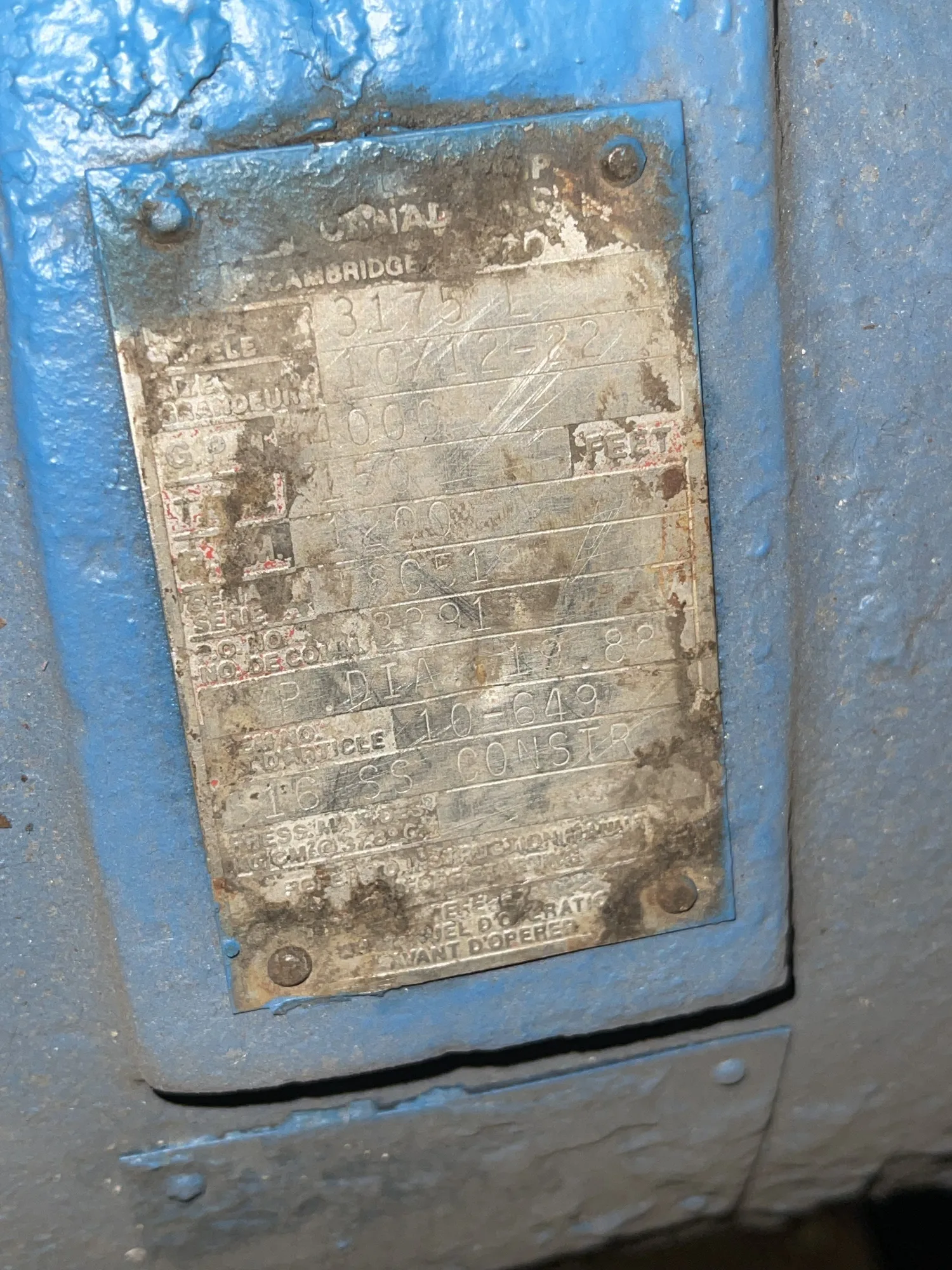 Goulds pump model 3175 size 12×14-18 316SS
