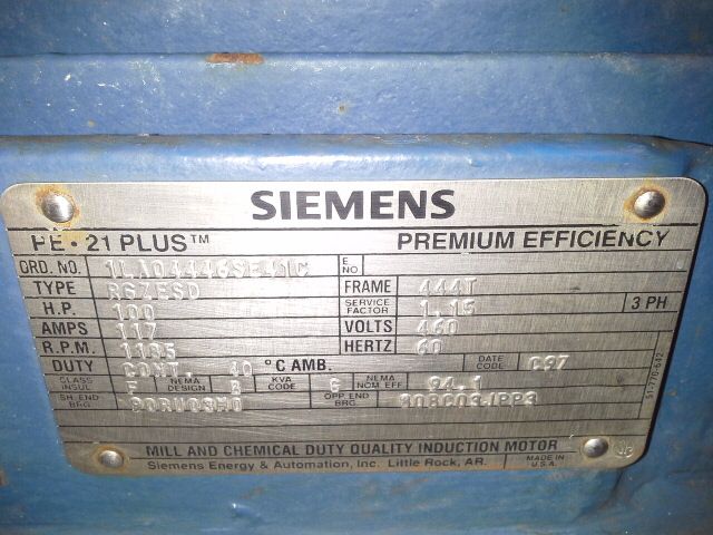 100 hp Siemens PE-21 Plus Induction AC Motor, 1185 rpm