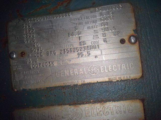 300 hp General Electric AC Motor, 1195 rpm