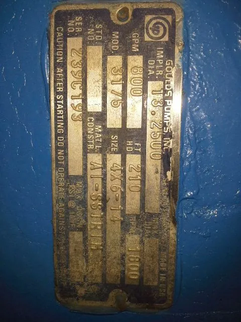 Goulds pump model 3175 size 4×6-14, material DI/SS