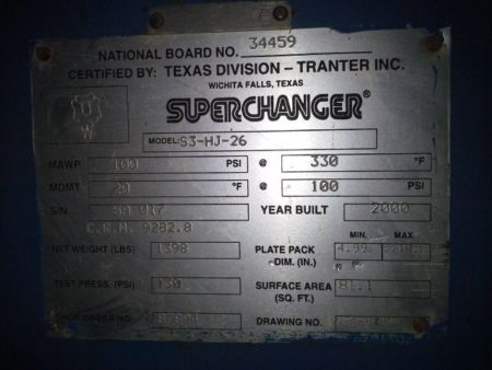 Superchanger Plate Heat Exchanger Model S3-HJ-26,  100 psi
