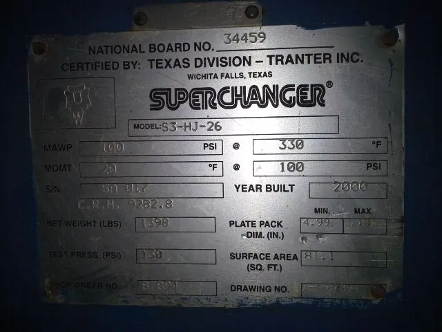 Superchanger Plate Heat Exchanger Model S3-HJ-26, 100 psi
