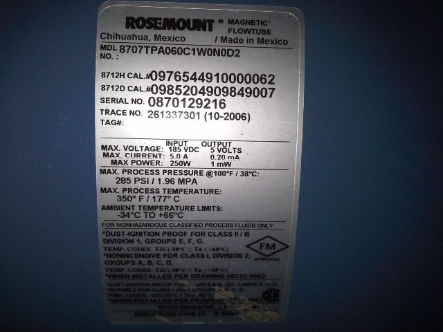 Rosemount Magnetic Flowtube model 8707TPA060C1W0N0D2, size 6″, New