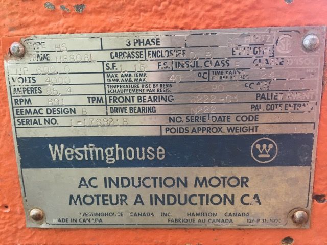 600 hp Westinghouse AC Induction Motor, 891 rpm