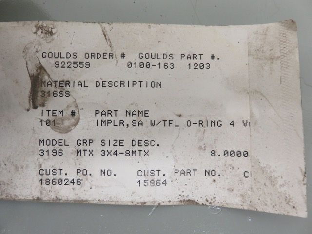 Impeller for Goulds pump model 3196 size 3×4-8, New