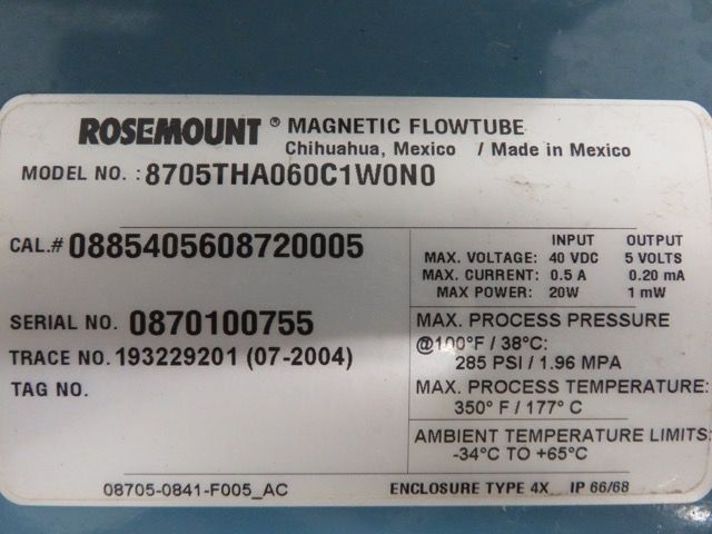 Rosemount Magnetic Flowtube model 8705THA060C1W0N0, size 6″