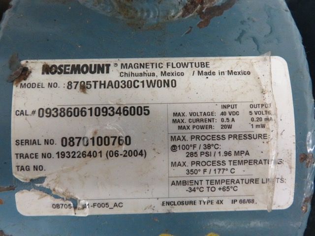 Rosemount Magnetic Flowtube model 8705THA030C1W0N0, size 3″