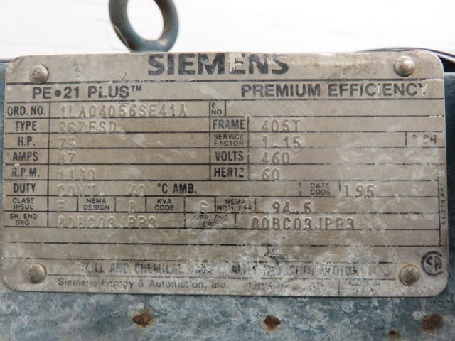 75 hp Siemens PE-21 Plus Induction AC Motor, 1180 rpm