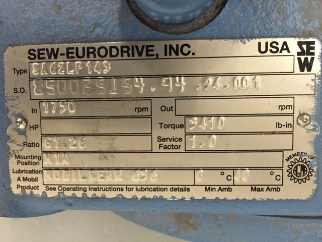 Sew-EuroDrive type SA62LP143, Ratio 61.26