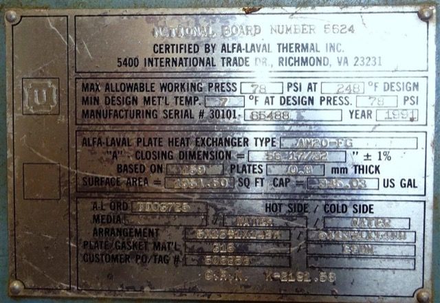 Alfa Laval Plate Type Heat Exchanger Model AM20-FG
