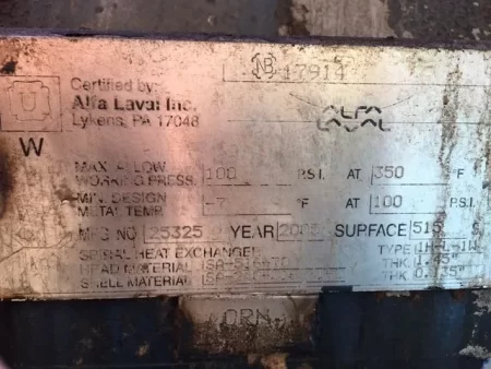 Alfa Laval Spiral Heat Exchanger type 1H-L-1W , 515 square feet surface area