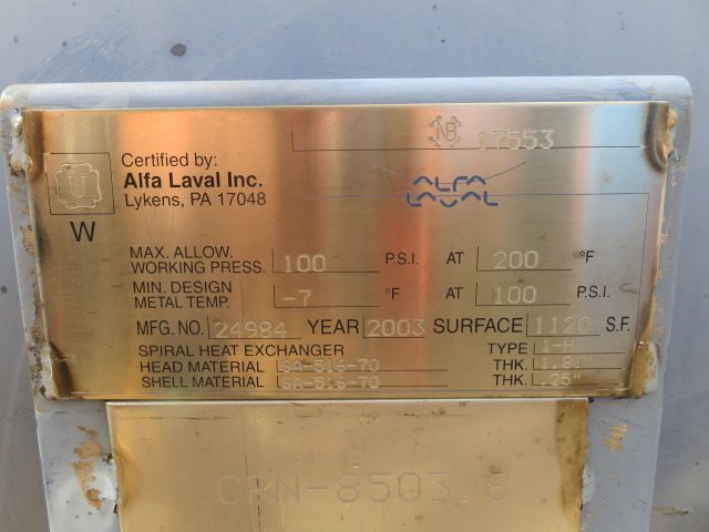 Alfa Laval Spiral Heat Exchanger 1120 Sq. Ft Surface