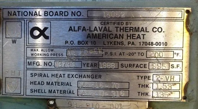 Alfa Laval Spiral Heat Exchanger type 2-VH Surface Area 995 Sq Ft
