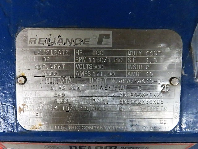 100 hp Reliance Electric DC Motor, 1150/1380 rpm 500v, Rebuilt Storeroom Spare