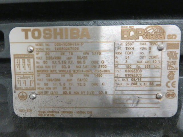 20 hp Toshiba 1770rpm 460v frame 256T , Unused Spare Store Room