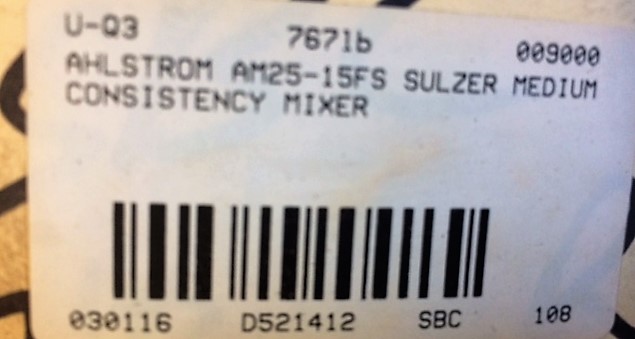 Ahlstrom /  Sulzer  AM25-15FS Chemical Mixer, Stainless