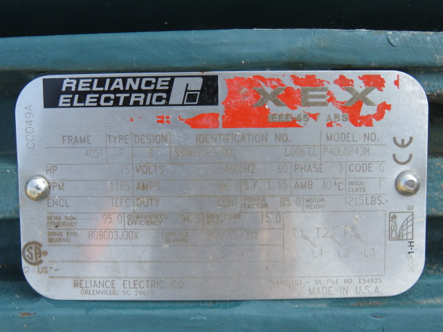 75 hp Reliance Electric XEX AC Motor, 1185 Rpm , 460v