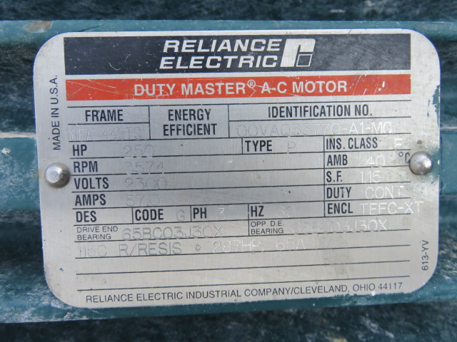 250 hp Reliance Electric Duty Master  AC Motor, 3574 Rpm , 2300 Volts