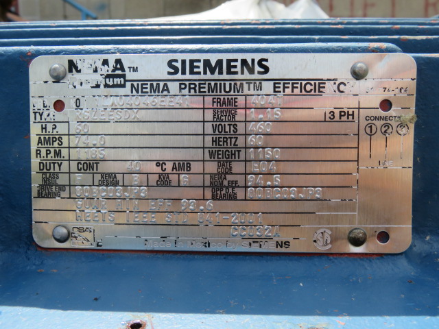 60 hp Siemens AC Motor, 1185 Rpm , 460v