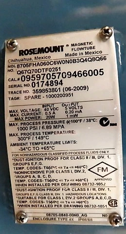 Rosemount Magnetic Flowtube Series 8700, model 8705FHA060C6W0N0B3Q4Q8Q66, size 6″-600 , Unused Spare Room