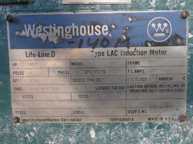 400 hp Westinghouse Life Line-D 1183 rpm 2300 v LAC Induction Motor