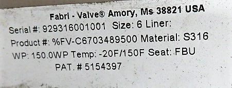 Fabri-Valve 6″-150 Knife Gate Valve , Hand Wheel Operated , 316ss, Unused