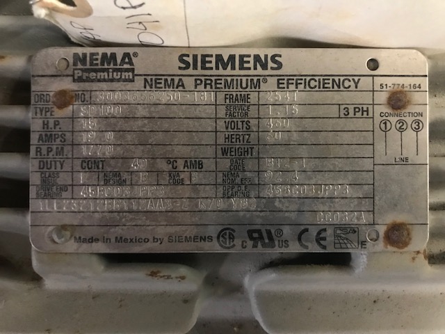 Siemens Nema Premium Efficiency 15hp Motor , 460v, 1770 rpm, Unused