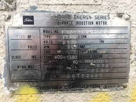 700 HP Toshiba World Series 3 Phase Induction Motor , 592 rpm , 2300 volts