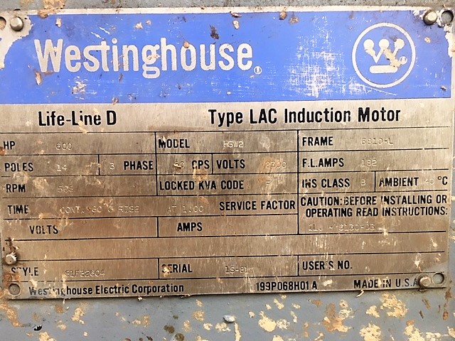 600 HP Westinghouse Life-Line D type LAC Induction Motor, 508 rpm, 2300v