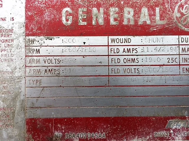 300 hp General Electric DC Motor 260/1250 Rpm