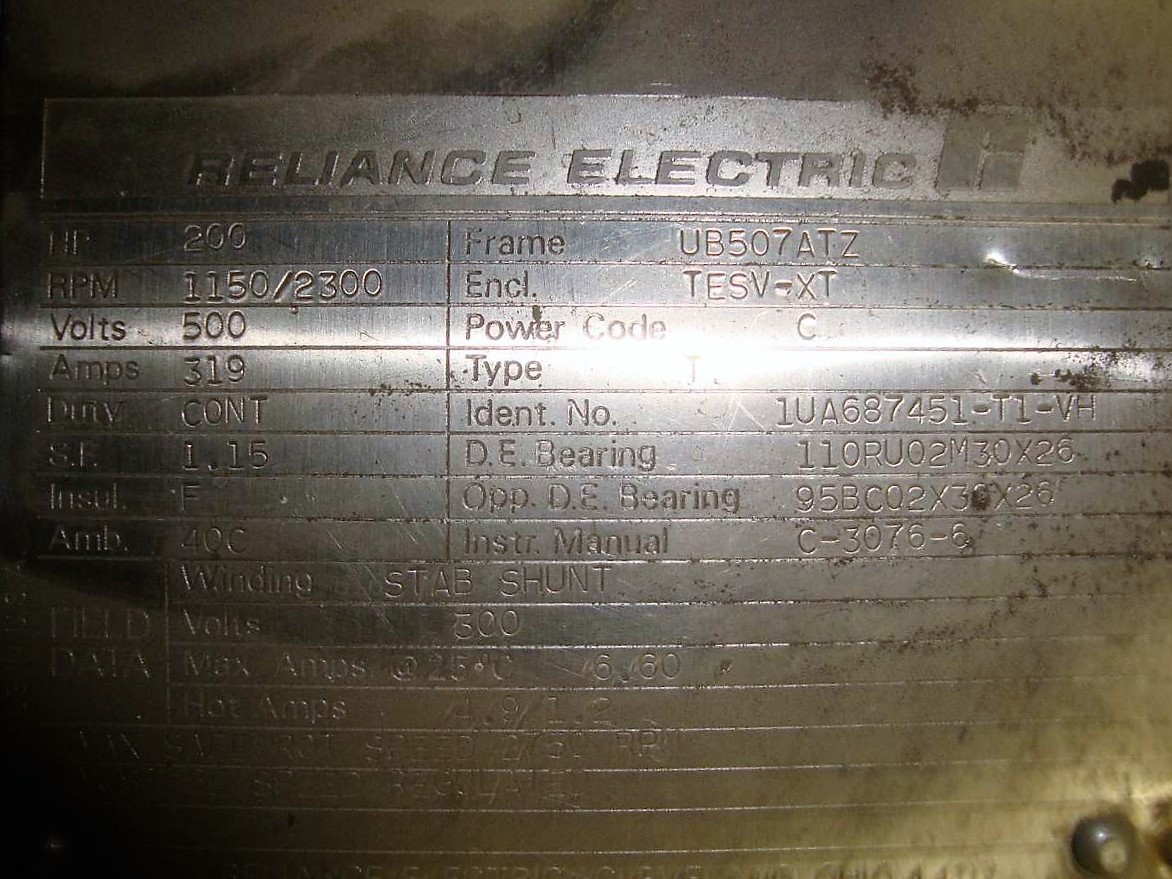 200 Hp Reliance Electric DC Motor 1150/2300 rpm 500v