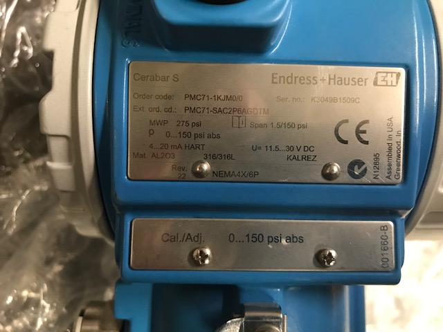 Endress + Hauser Cerabar S Pressure Transmitter 3″ 150# Unused Condition
