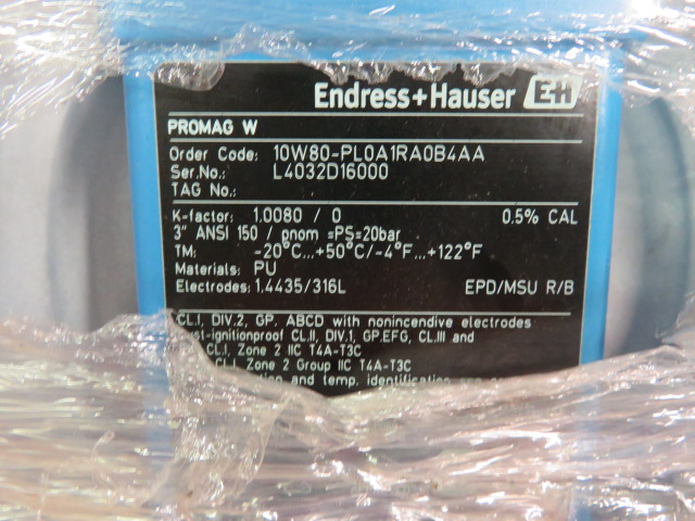 3″ 150# Endress + Hauser Magnetic Flowtube model 10W80-PLOA1RAOB4AA , Unused Condition