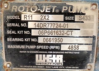 Rotojet Pump Model R11 2×2 size S433 , Max Pump Speed 4858 rpm