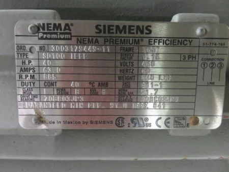 40 hp Siemens NEMA Premium Efficiency AC Motor , 885 rpm 460 volts Unused Condition