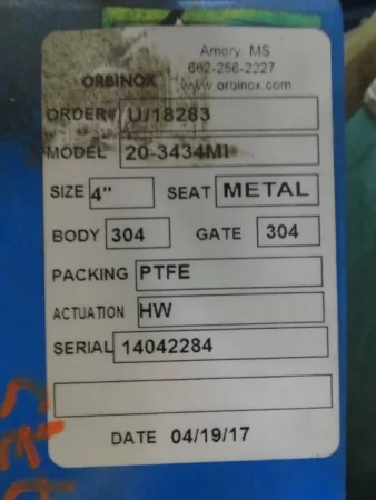 4″ 150# Orbinox Knife Gate Valve Unused Condition